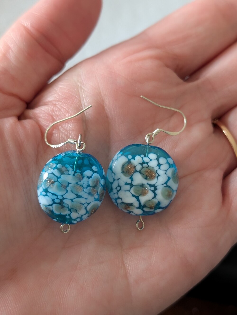 Handmade Aqua Blue Glass Bead Earrings • 925 Sterling Silver Hooks